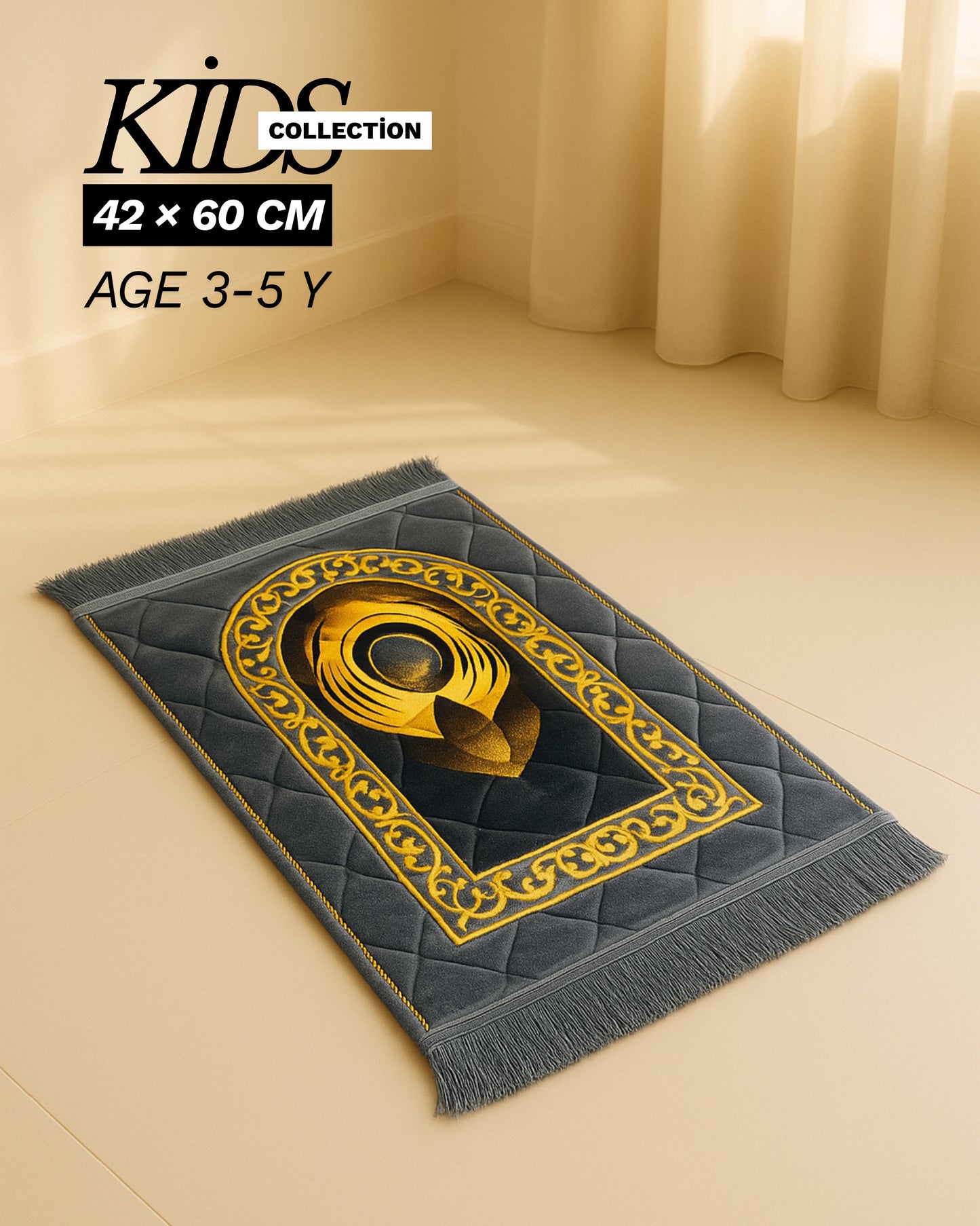 Royal Grey Kids Prayer Mat – Soft Velvet with Golden Arch Design