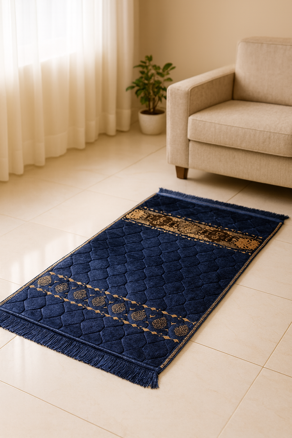 Padded Prayer Mat – Navy Blue With Gold Detailing