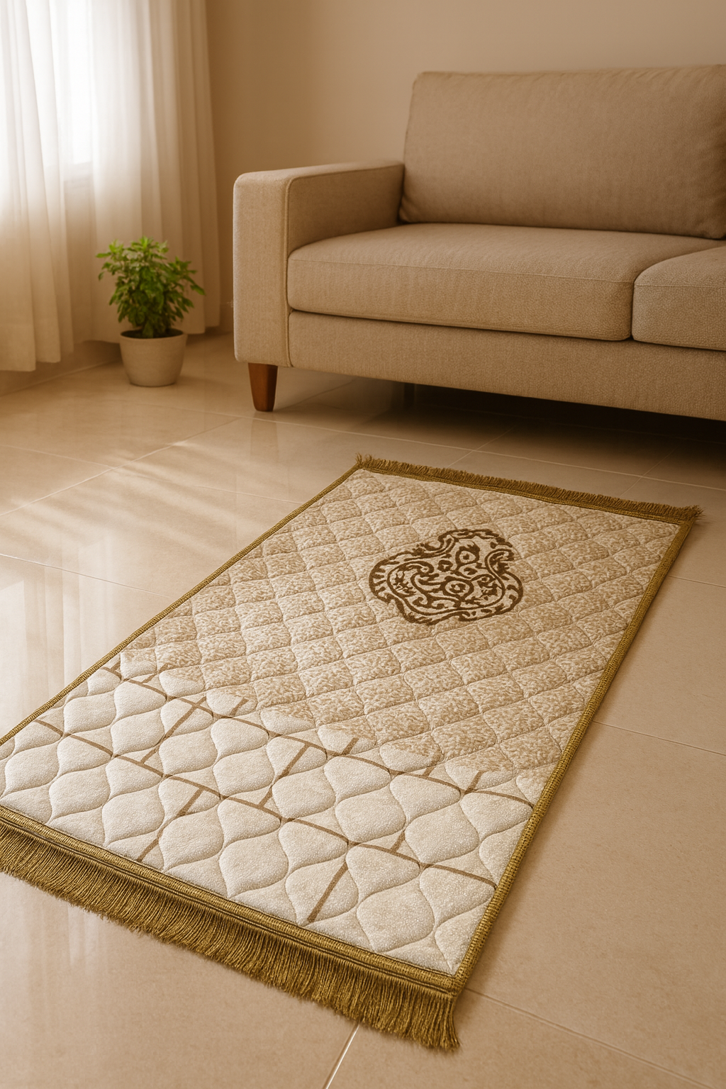 Padded Prayer Mat – Cream With Pattern Design (80×120 cm)