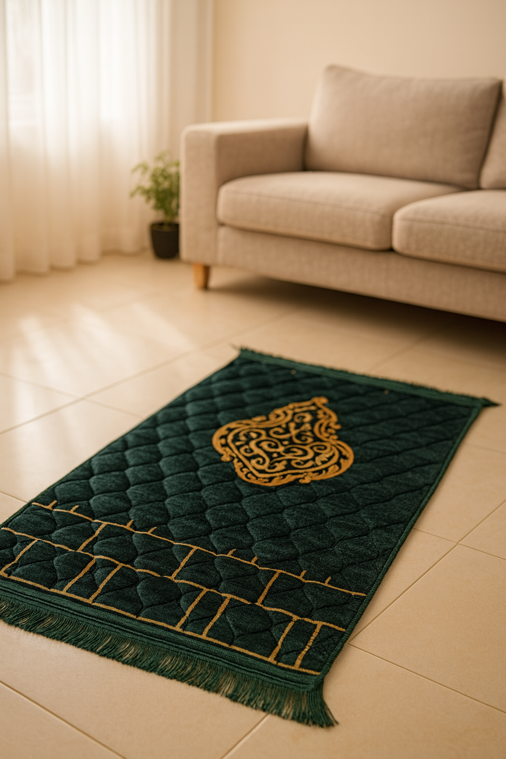 Padded Prayer Mat – Green With Pattern Design (80×120 cm)
