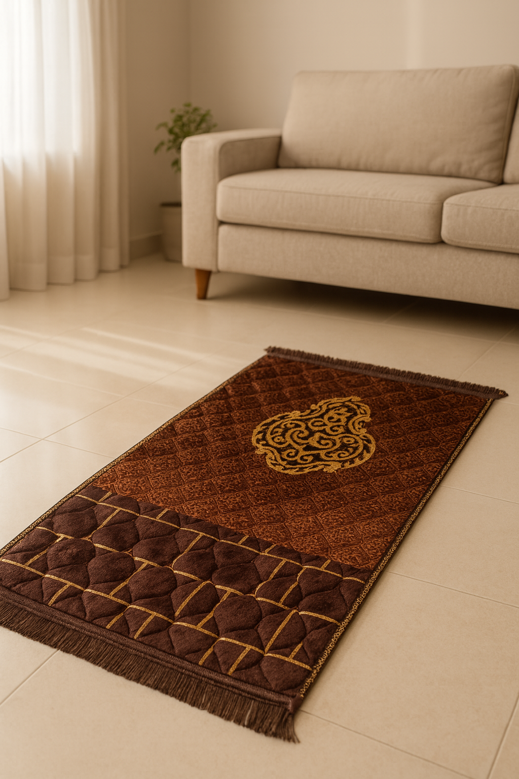 Padded Prayer Mat – Brown With Pattern Design (80×120 cm)