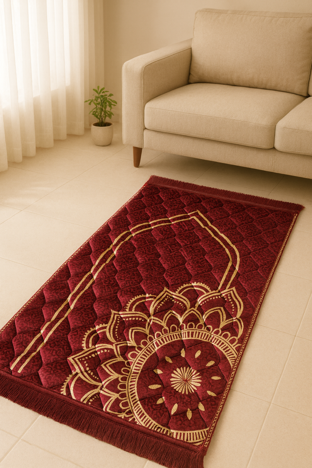 Premium Padded Prayer Mat – Red With Floral Pattern