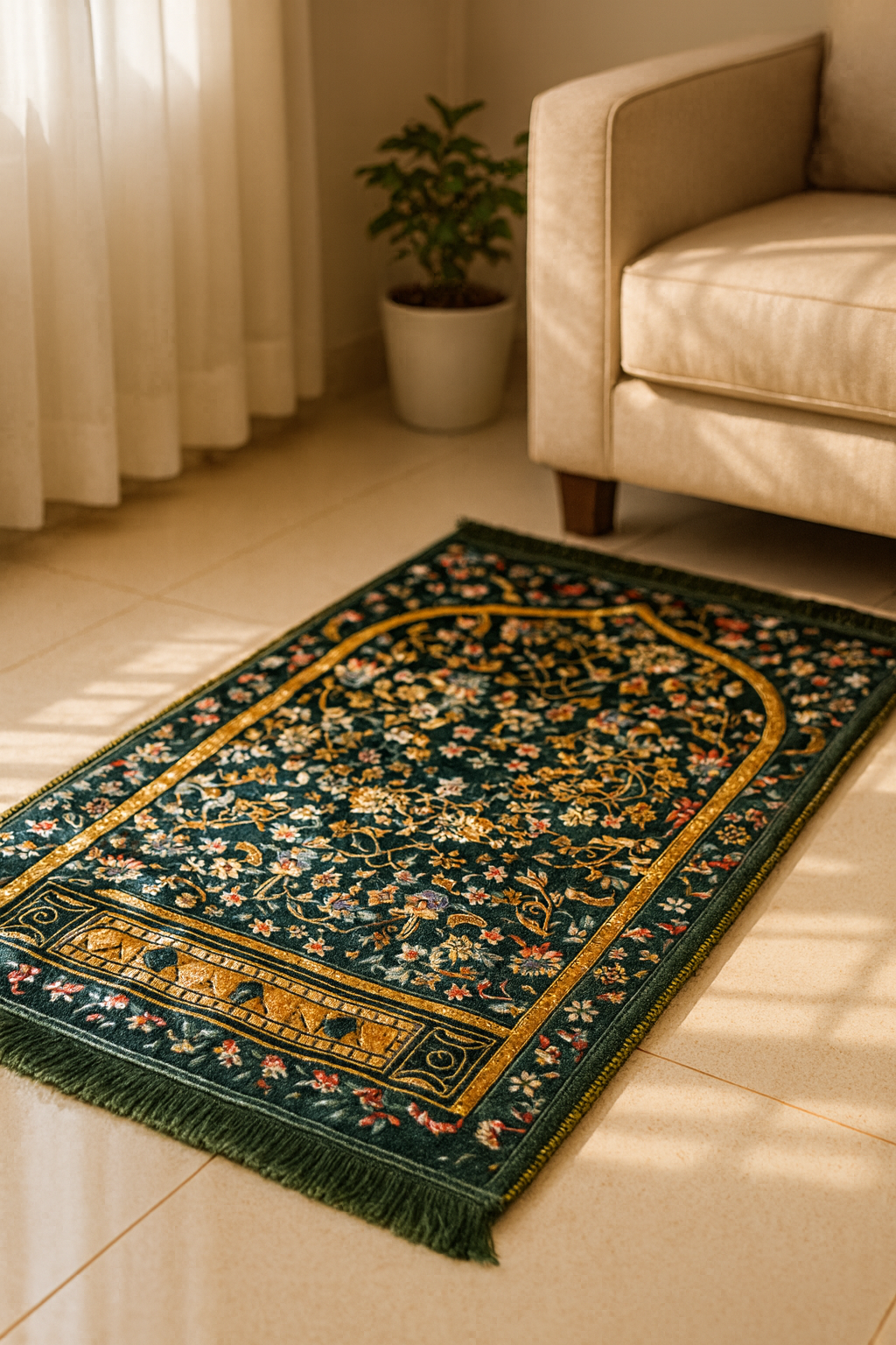Premium Double Padded Prayer Mat – Floral Green