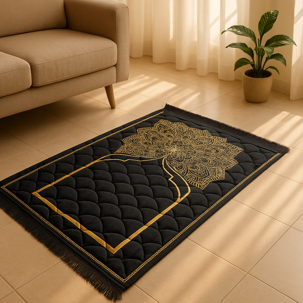 Luxury Black Velvet Prayer Mat – Soft Jā-e-Namaz with Floral Arch Design