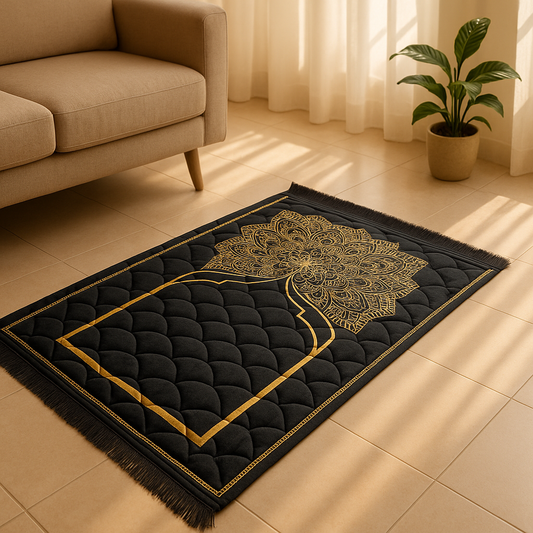 Luxury Black Velvet Prayer Mat – Soft Jā-e-Namaz with Floral Arch Design