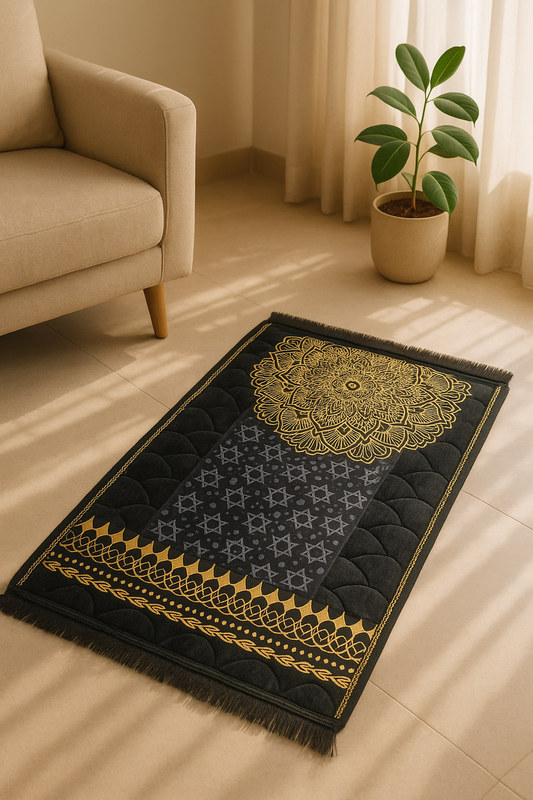 Luxury Black Velvet Prayer Mat – Soft Jā-e-Namaz with Mandala & Star Design