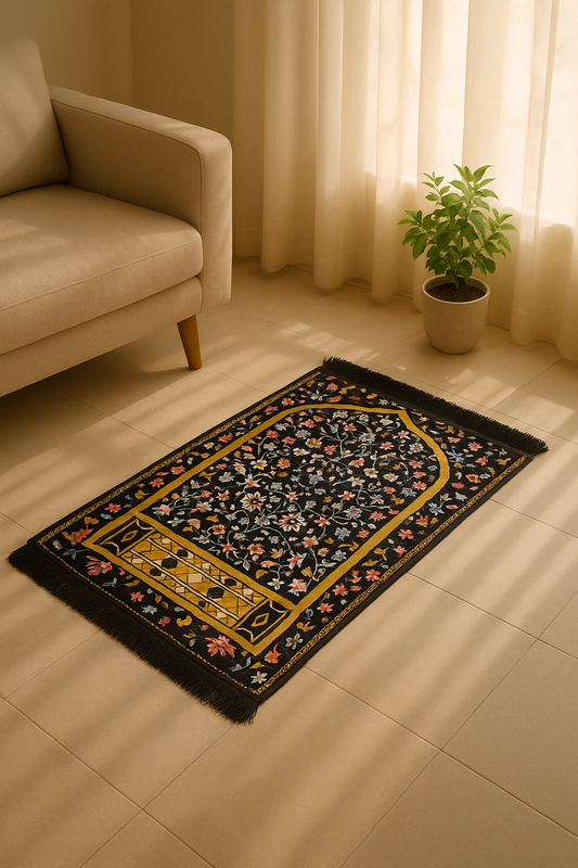Luxury Floral Black Prayer Mat – Soft Jā-e-Namaz with Colorful Design
