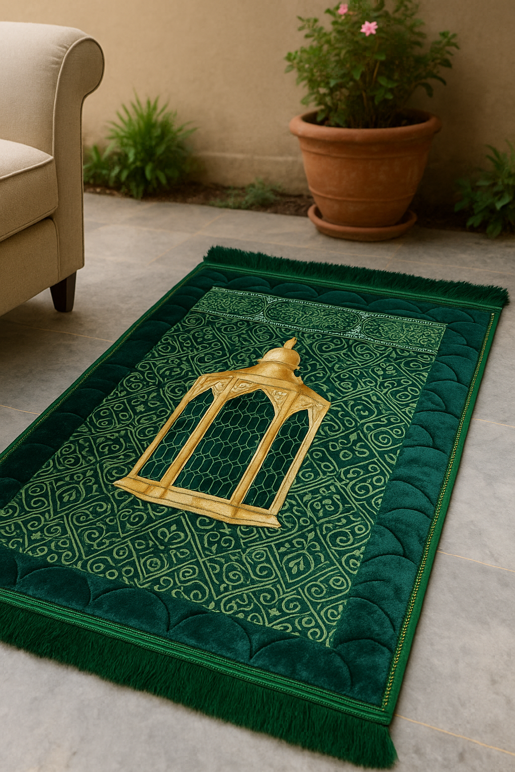 Luxury Green Velvet Prayer Mat – Soft Jā-e-Namaz for Daily Prayer