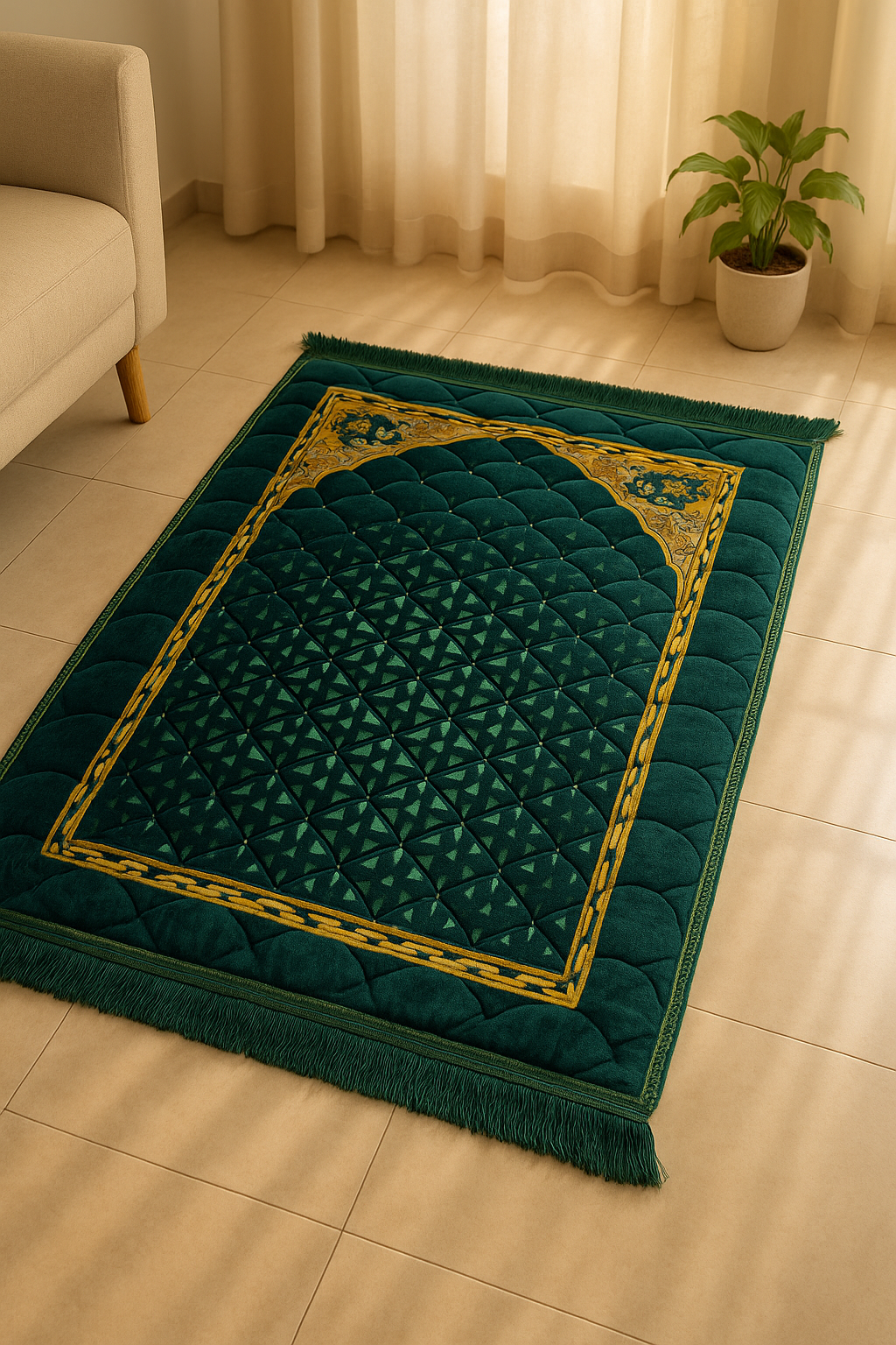 Luxury Green Velvet Prayer Mat – Soft Jā-e-Namaz with Geometric Arch Design