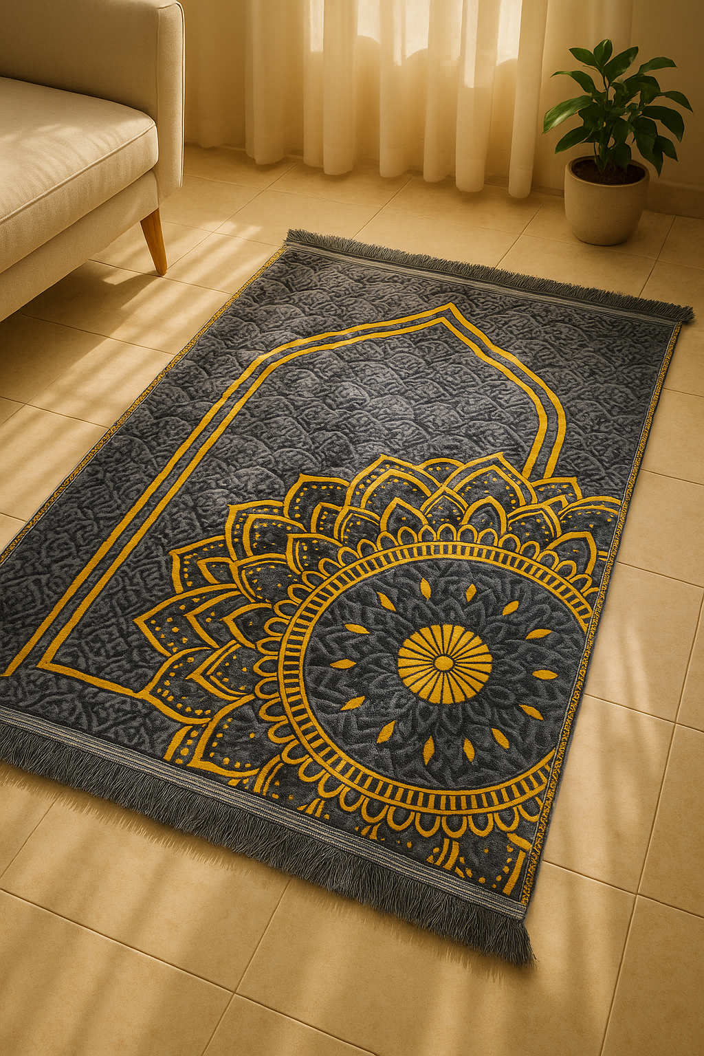 Luxury Grey Velvet Prayer Mat – Soft Jā-e-Namaz with Mandala Arch Design