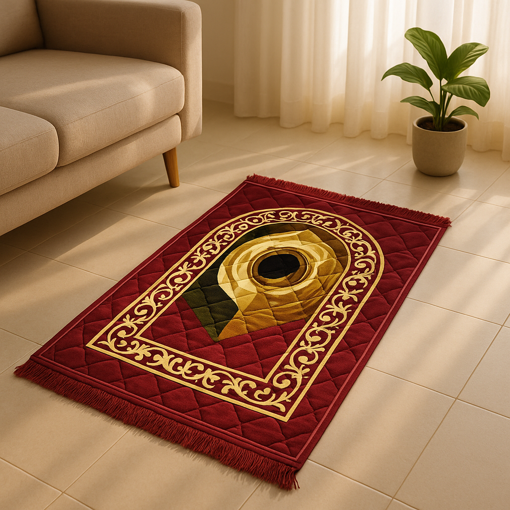 Luxury Red Velvet Prayer Mat – Soft Jā-e-Namaz with Golden Arch Design