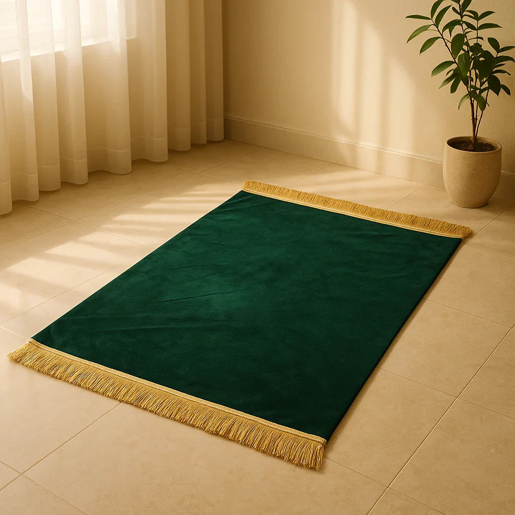 Green Islamic prayer mat with golden fringes on tiled floor near a potted plant, soft fabric for daily prayers