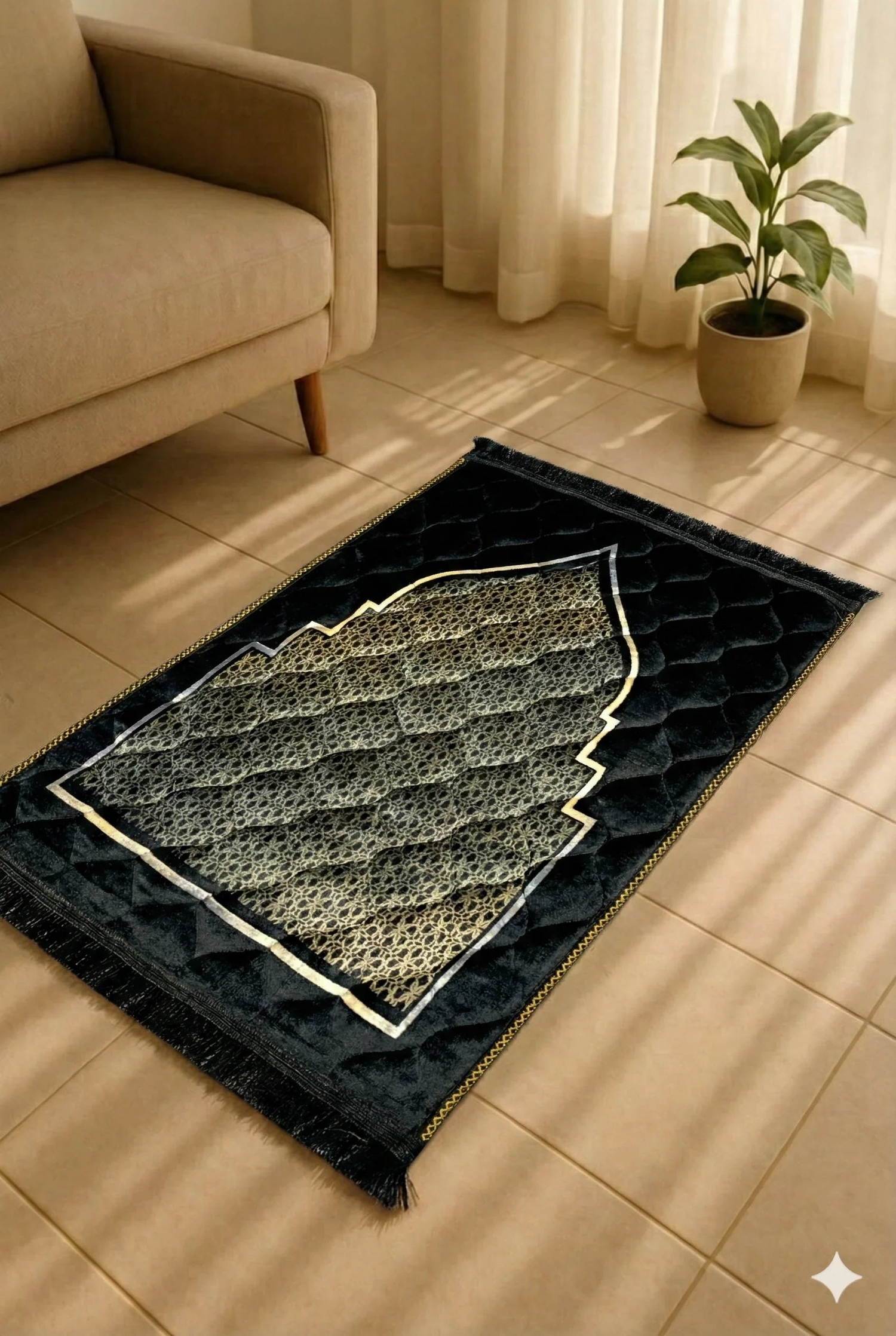Luxury black velvet Islamic prayer mat with gold dome crescent design on beige tiled floor near sofa and plant