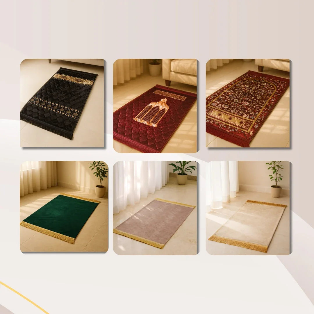 Six Islamic prayer mats in various colors and designs, including black, maroon with lantern motifs, floral, green, beige, and cream, displayed indoors with natural light