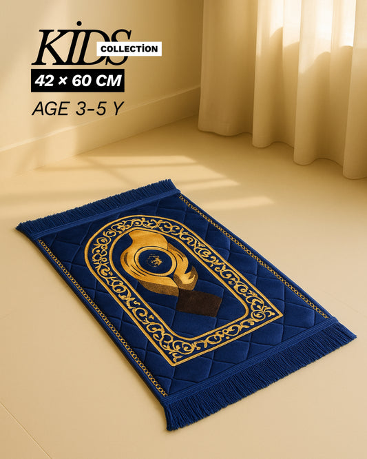 Majestic Blue Kids Prayer Mat – Soft Velvet with Golden Arch Pattern
