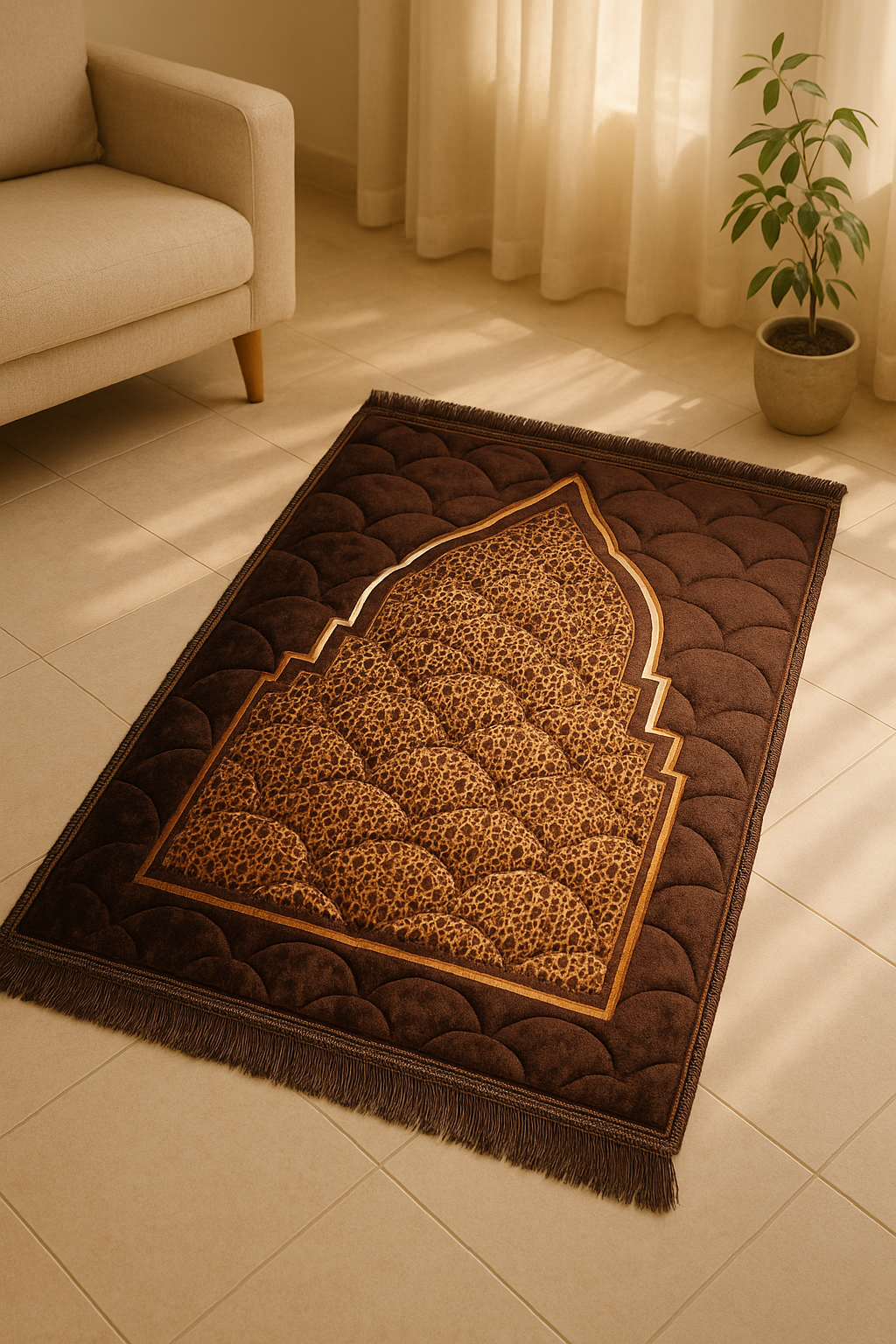 Brown Velvet Prayer Mat – Soft Jā-e-Namaz with Arch Design