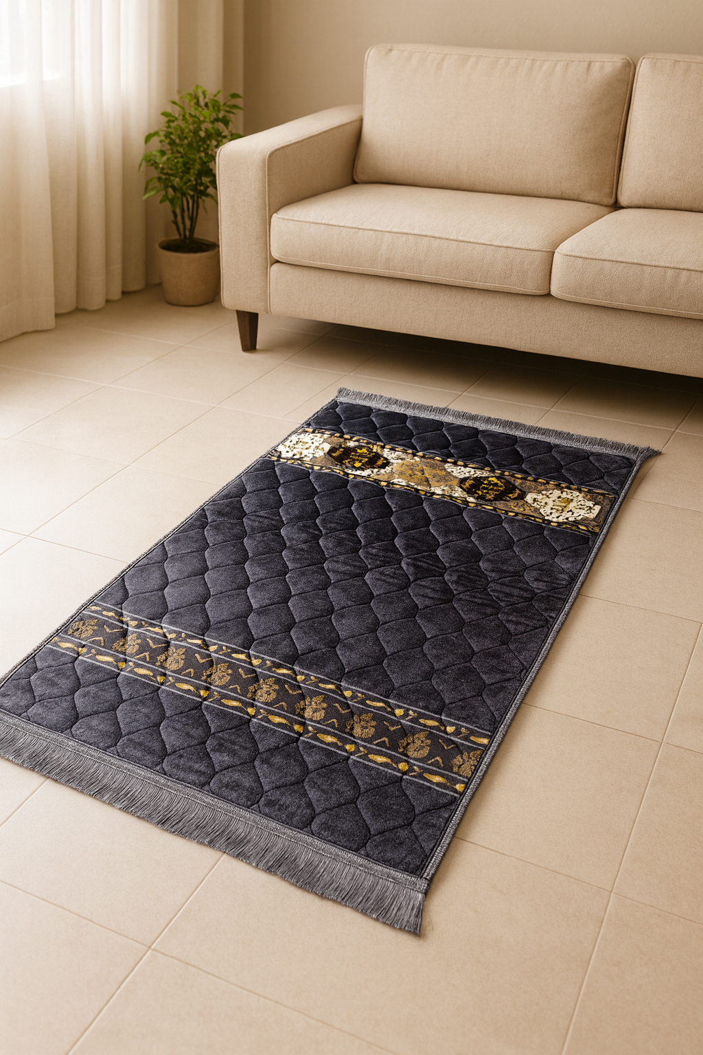 Luxury Padded Prayer Mat – Charcoal Grey With Gold Detailing