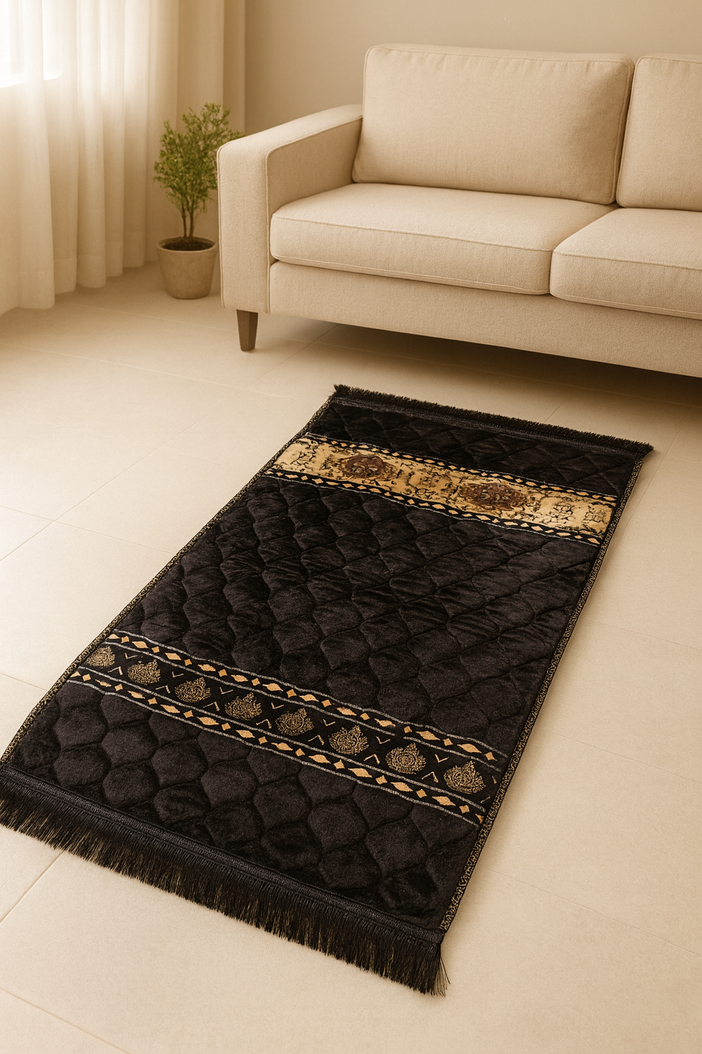 Padded Prayer Mat – Black With Gold Detailing