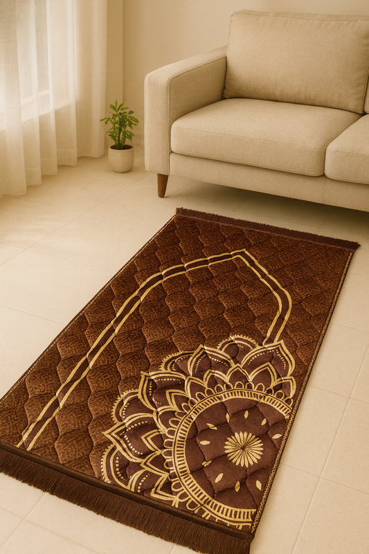 Premium Double Padded Prayer Mat – Brown With Floral Pattern