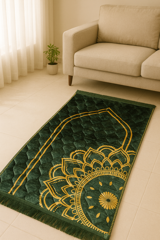 Premium Double Padded Prayer Mat – Green With Floral Pattern