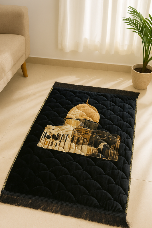 Premium Velvet Prayer Mat – Black & Gold Mandala Design