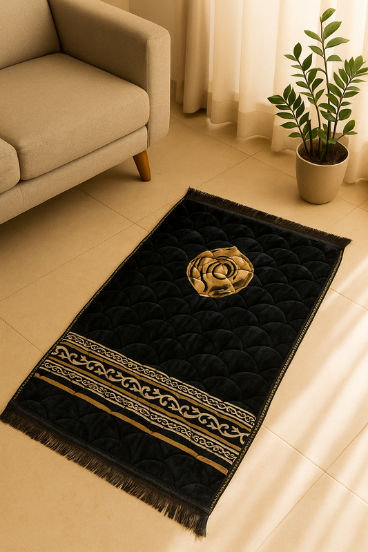 Velvet Prayer Mat – Black Elegance with Golden Harmony Design