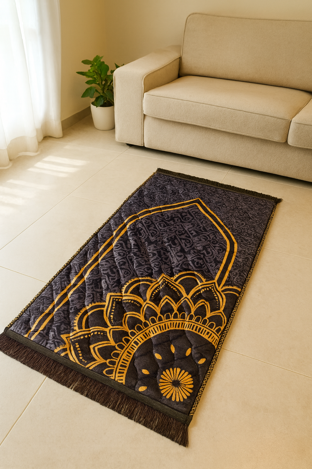 Premium Double Padded Prayer Mat – Grey With Floral Pattern