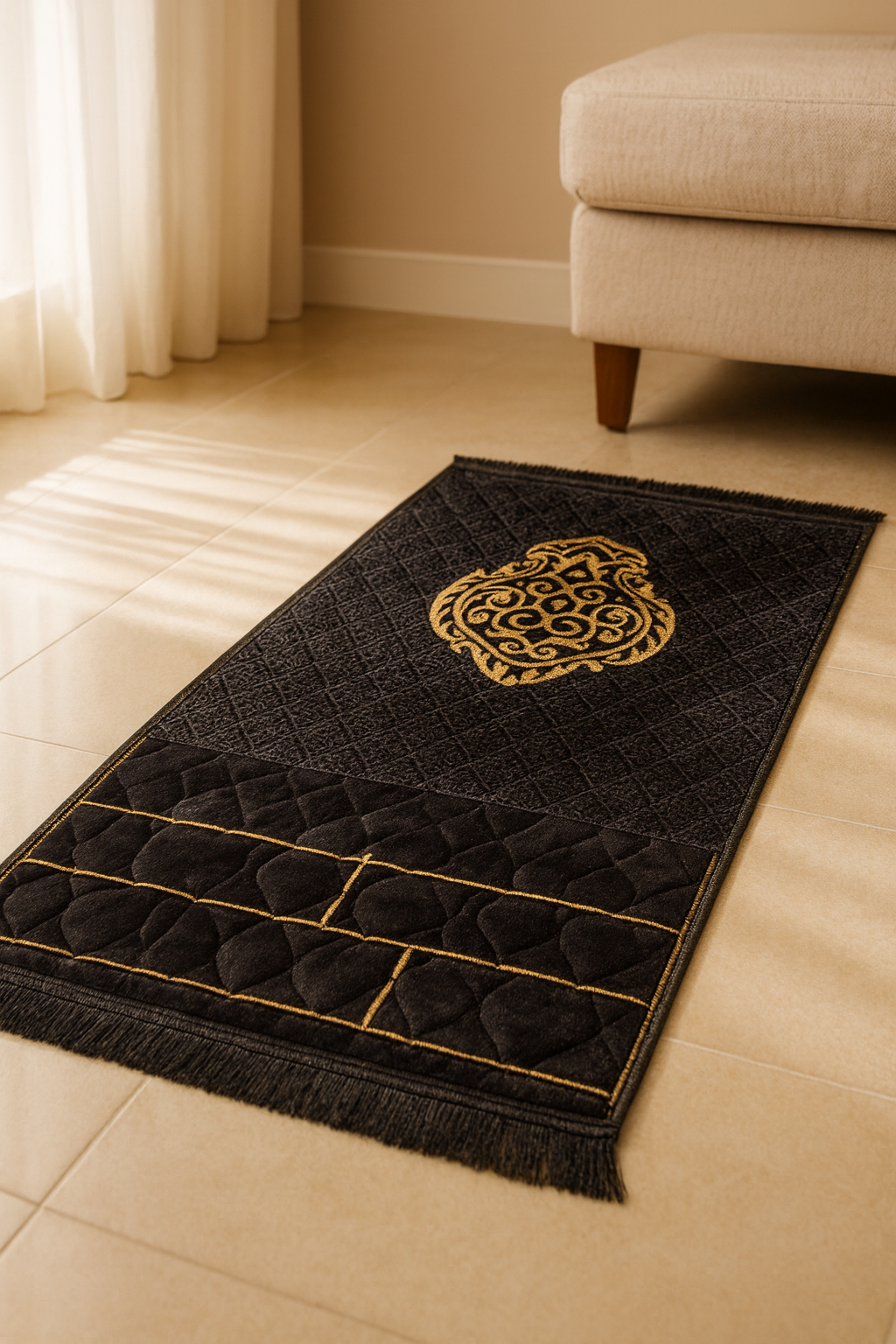 Padded Prayer Mat – Black With Pattern Design (80×120 cm)