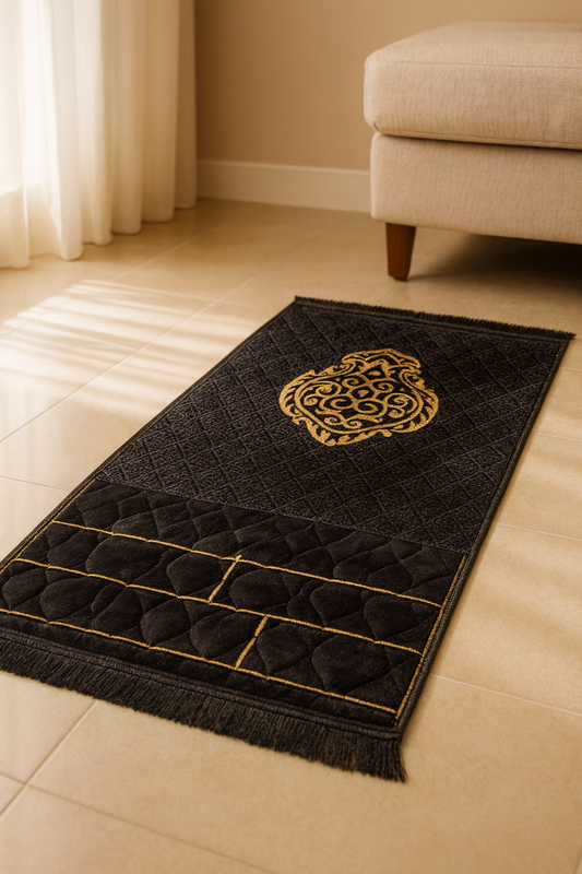 Padded Prayer Mat – Black With Pattern Design (80×120 cm)