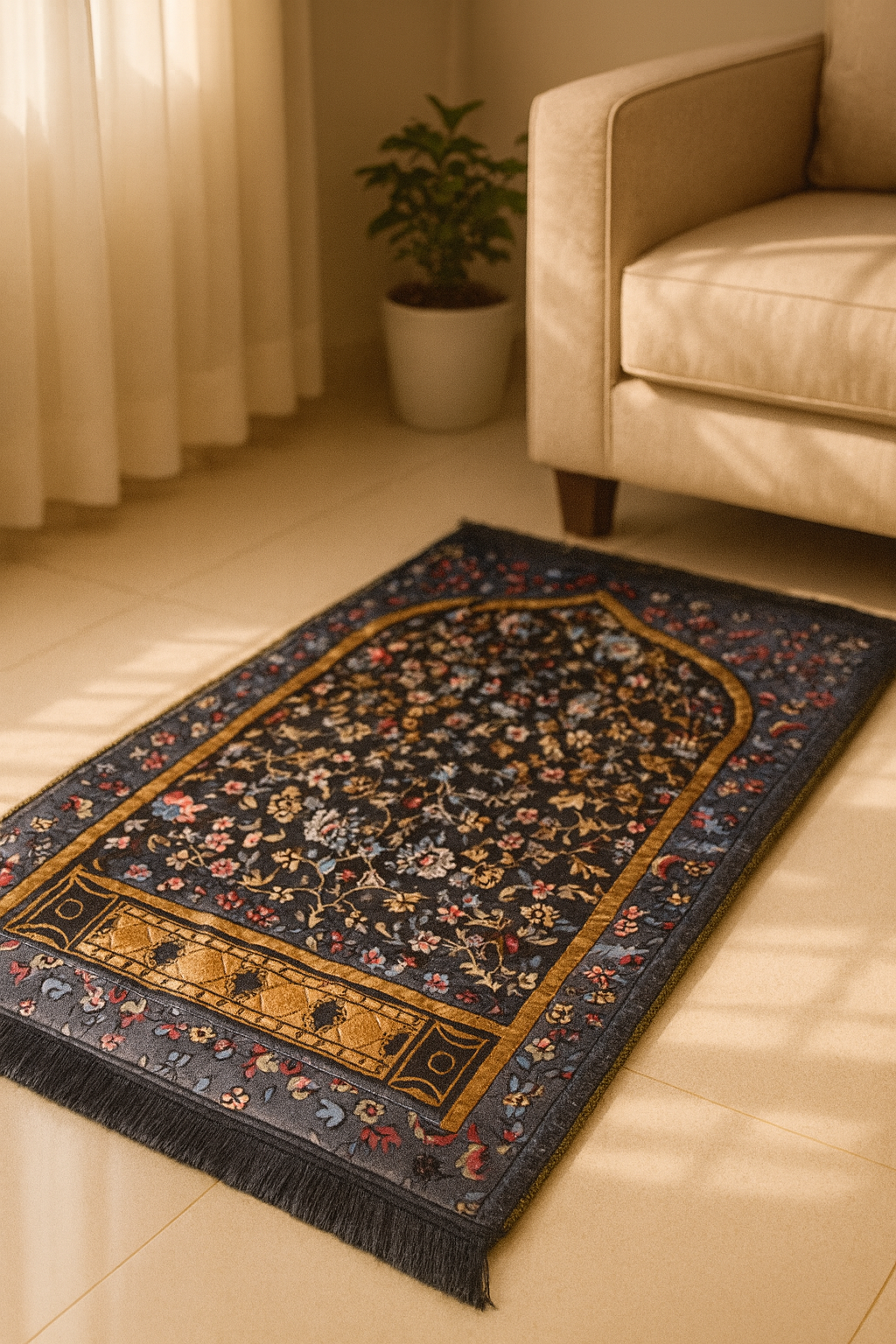 Premium Double Padded Prayer Mat – Floral Blue