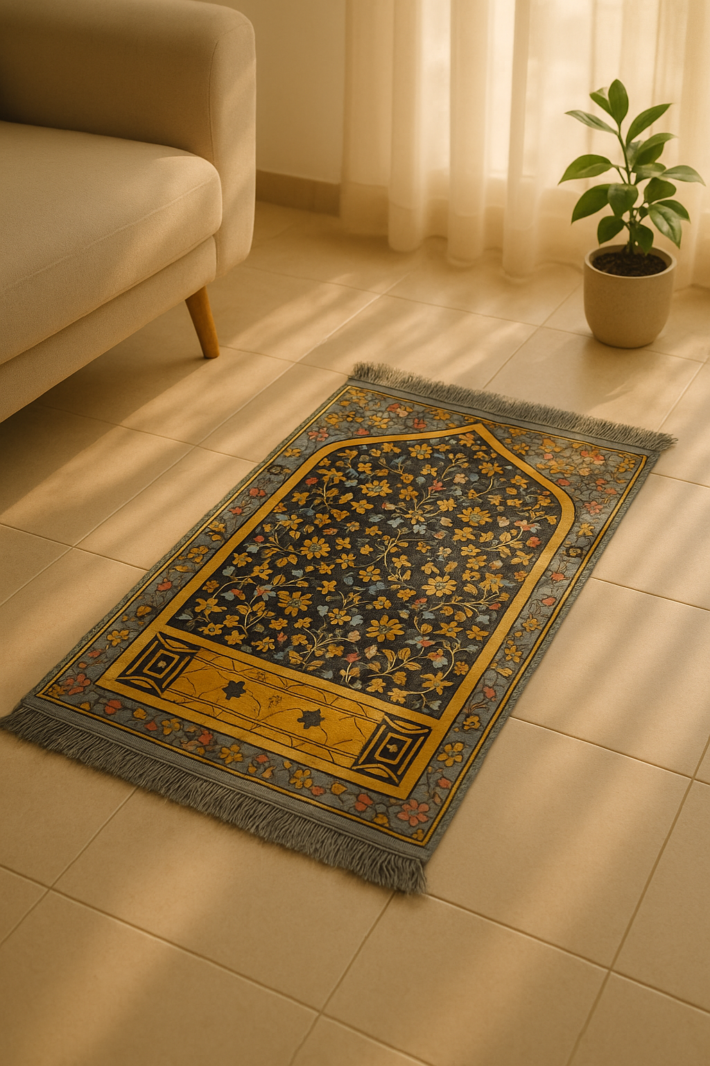 Floral Grey Prayer Mat – Soft Jā-e-Namaz with Golden Borde