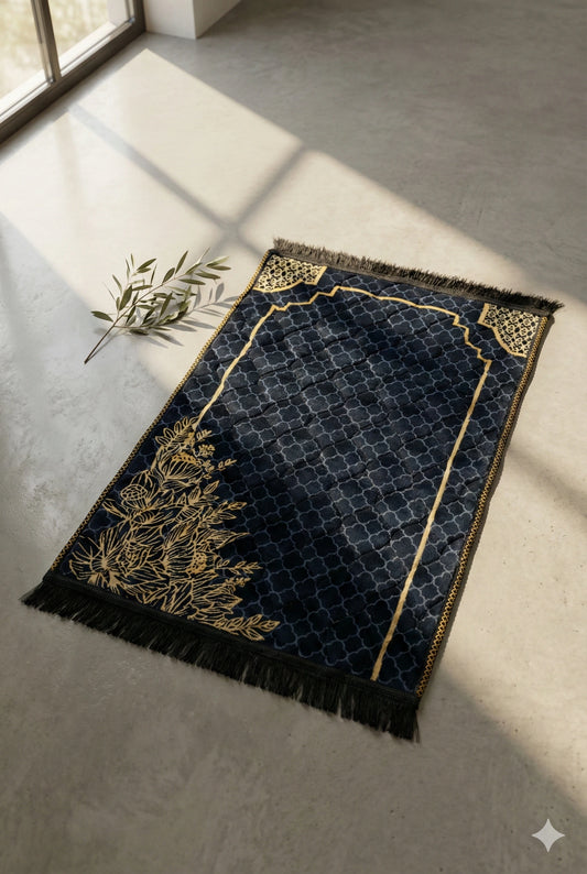 Al-Ihsan Edition Dark Blue Gold Border Quilted Prayer Mat