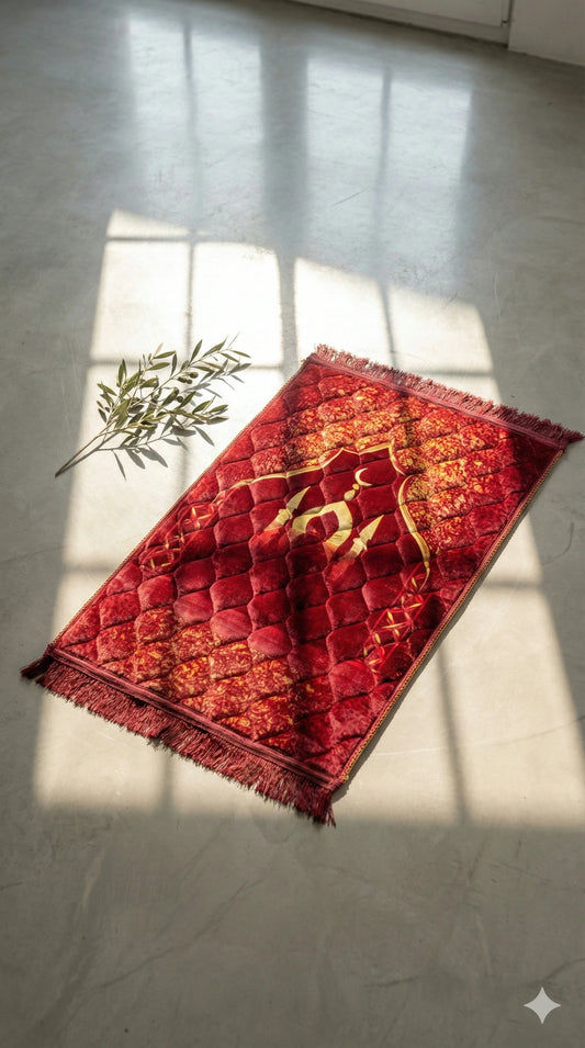 Al-Ihsan Edition Deep Red Gold Pattern Quilted Prayer Mat