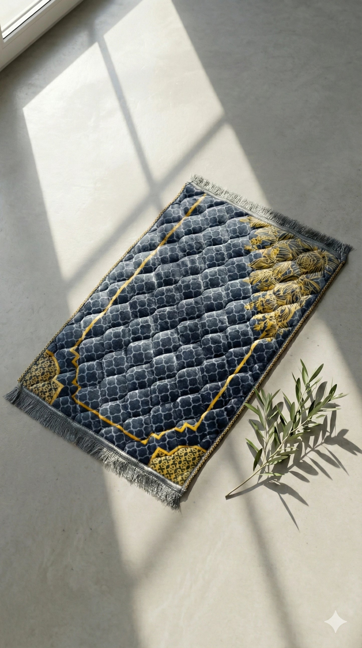 Al-Ihsan Edition Dark Blue Gold Accent Quilted Prayer Mat