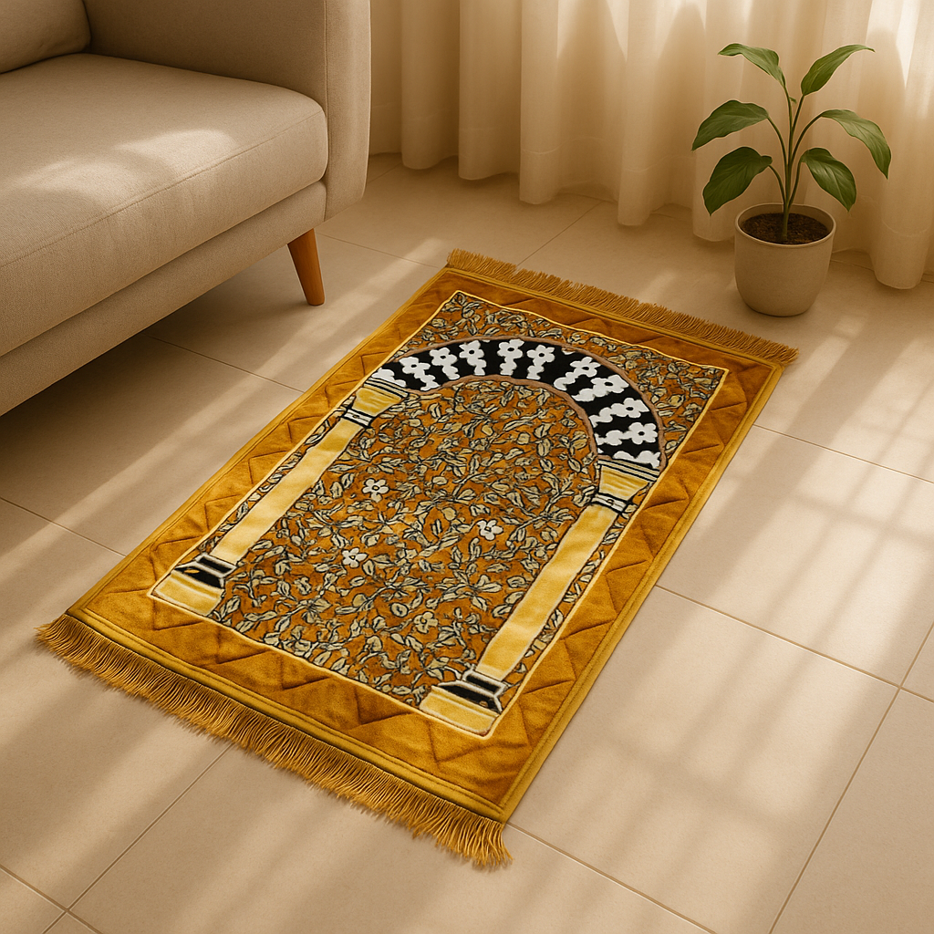 Golden Velvet Prayer Mat – Soft Jā-e-Namaz with Arch Floral Design
