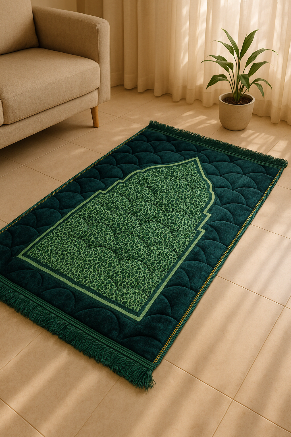 Green Velvet Prayer Mat – Soft Jā-e-Namaz with Arch Design