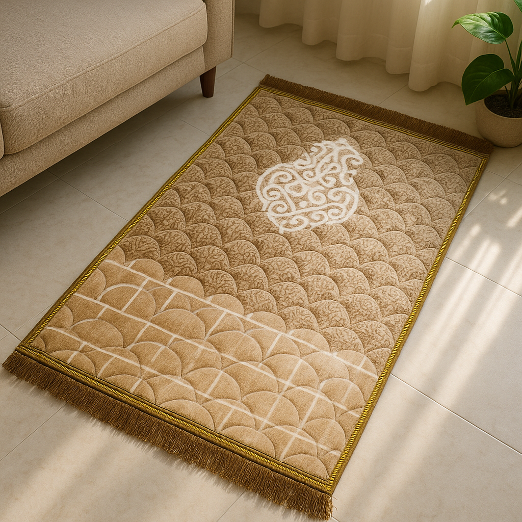 Luxury Beige Velvet Prayer Mat – Soft Jā-e-Namaz for Daily Prayers
