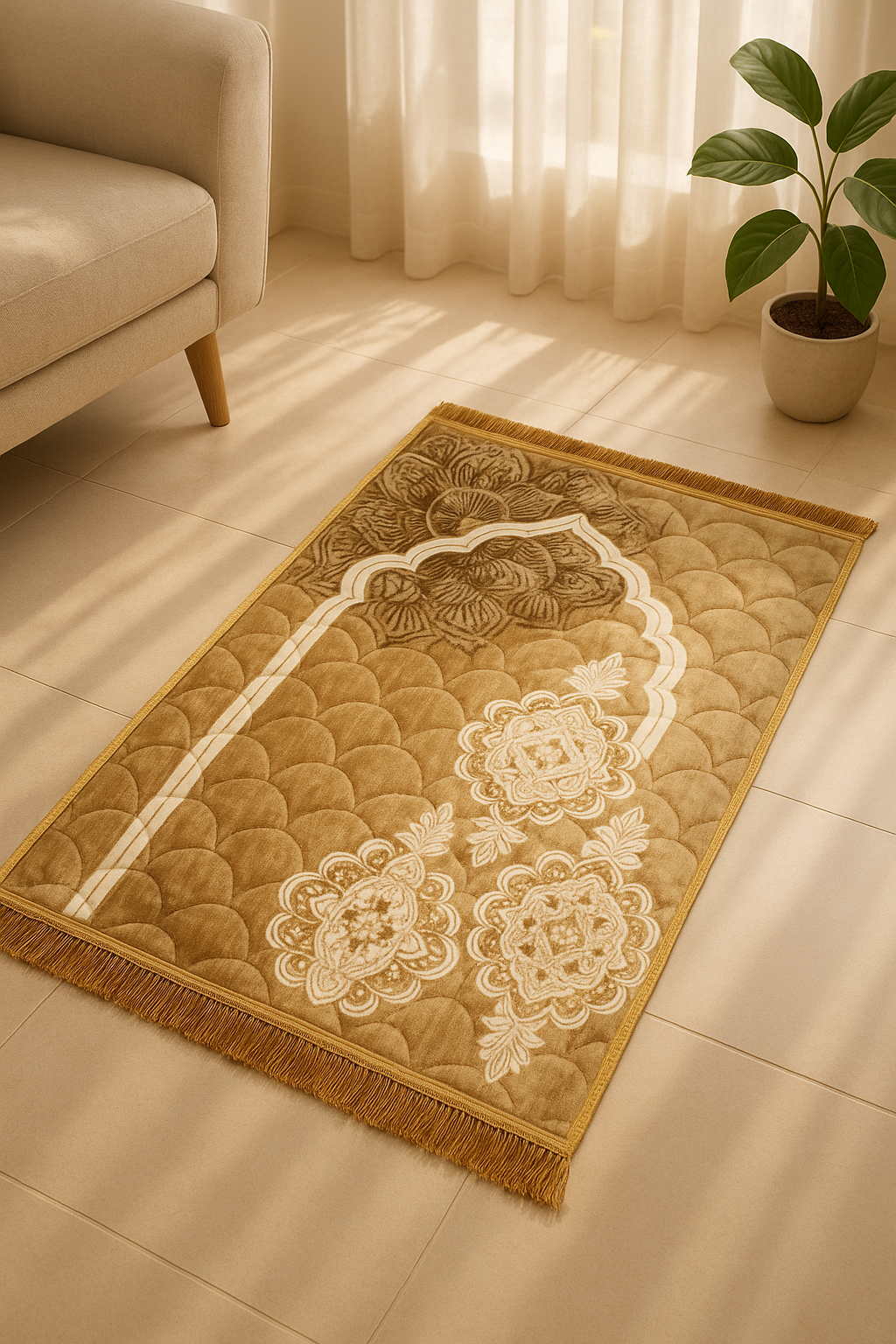 Luxury Beige Velvet Prayer Mat – Soft Jā-e-Namaz with Floral Arch Design
