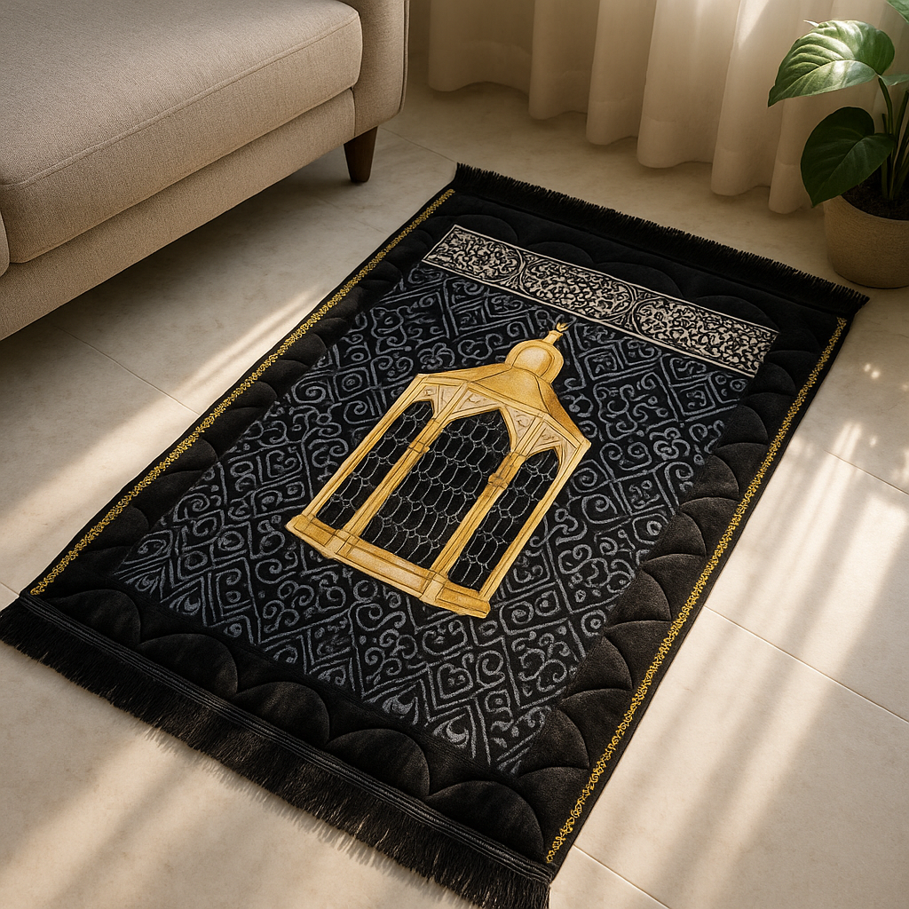 Luxury Black Velvet Prayer Mat – Jā-e-Namaz | Soft Islamic Rug