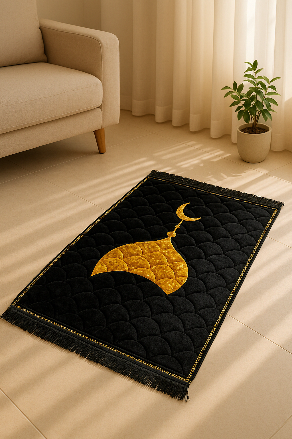 Luxury Black Velvet Prayer Mat – Soft Jā-e-Namaz with Dome & Crescent Design