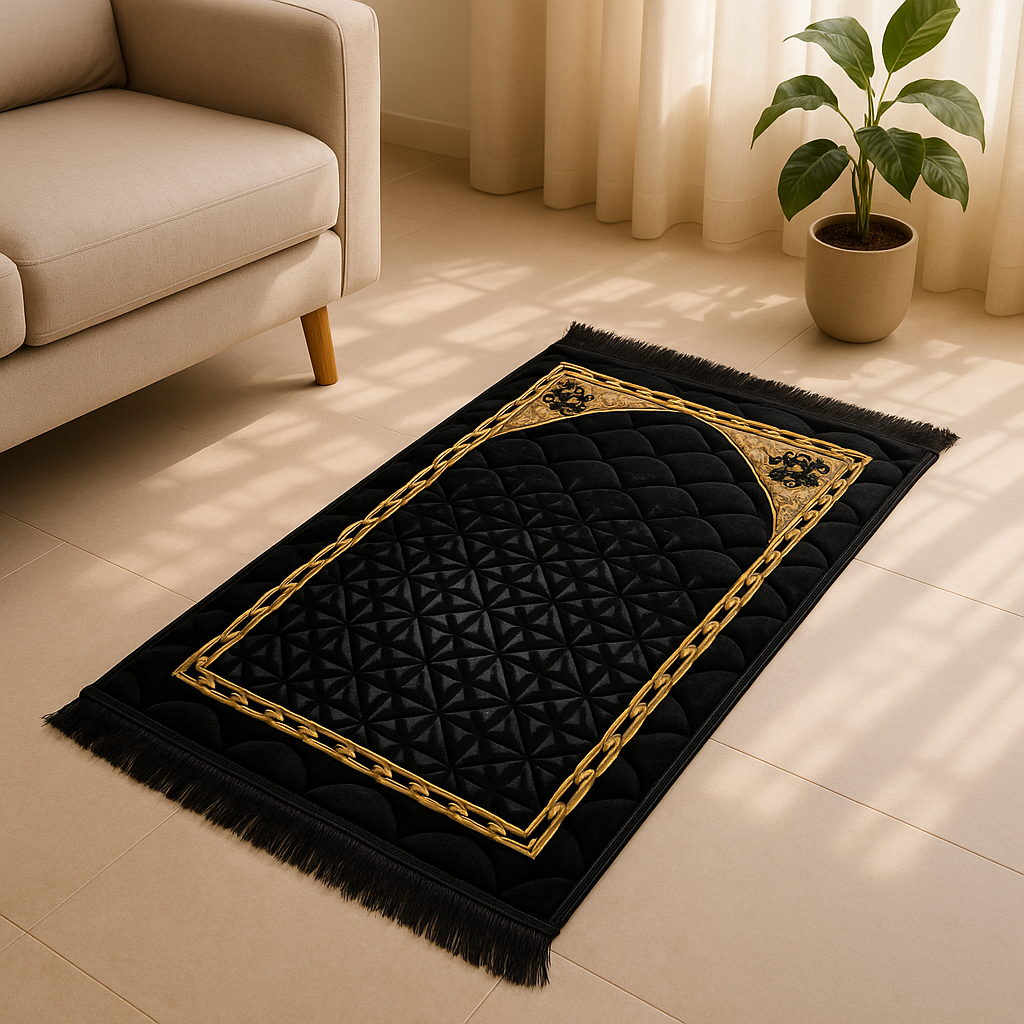 Luxury Black Velvet Prayer Mat – Soft Jā-e-Namaz with Geometric Arch Design
