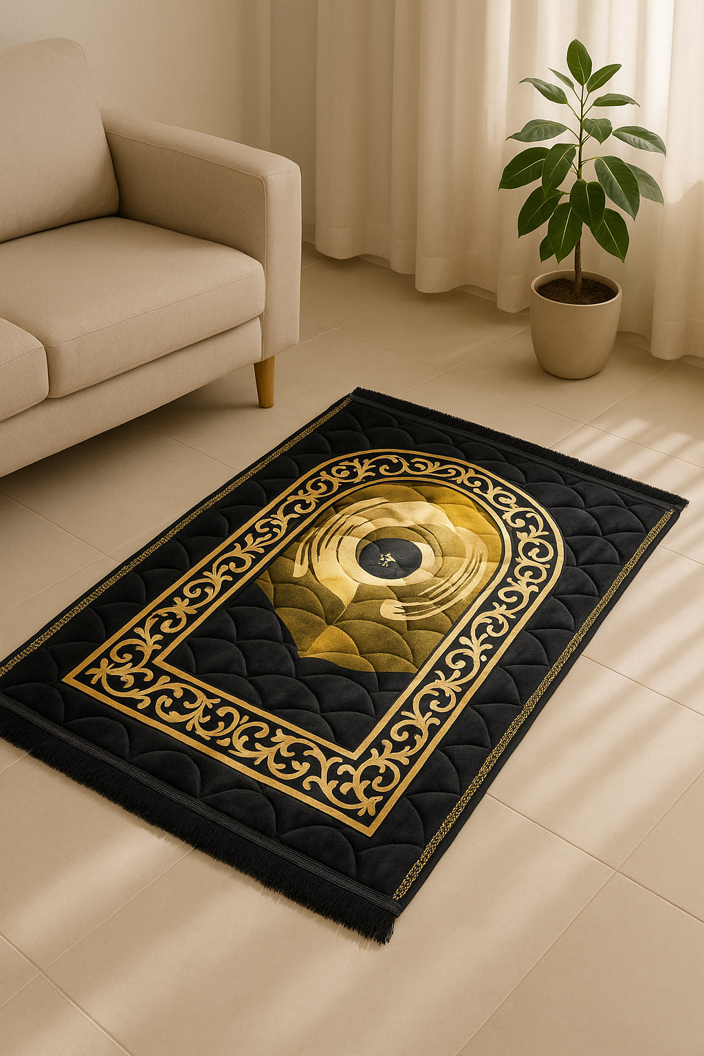 Luxury Black Velvet Prayer Mat – Soft Jā-e-Namaz with Golden Arch Design