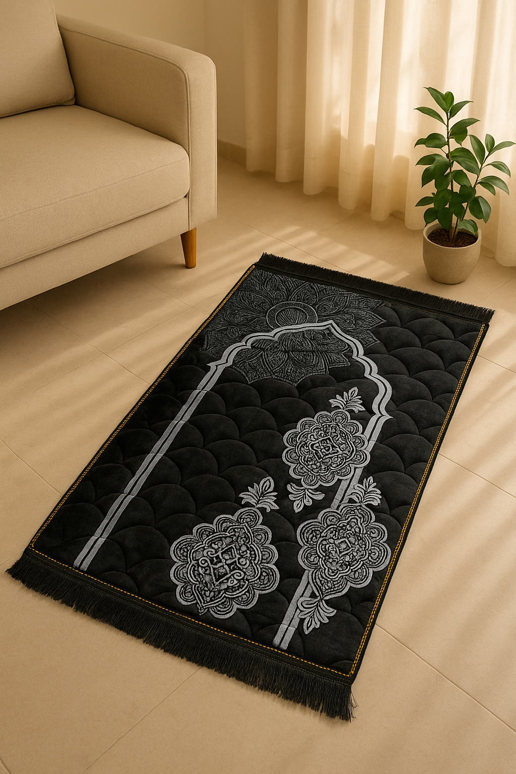 Luxury Black Velvet Prayer Mat – Soft Jā-e-Namaz with Silver Floral Arch Design