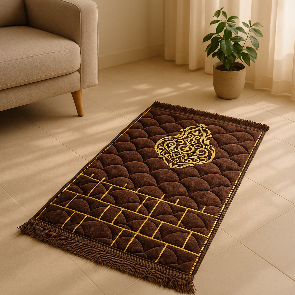 Luxury Brown Velvet Prayer Mat – Soft Jā-e-Namaz for Daily Prayers