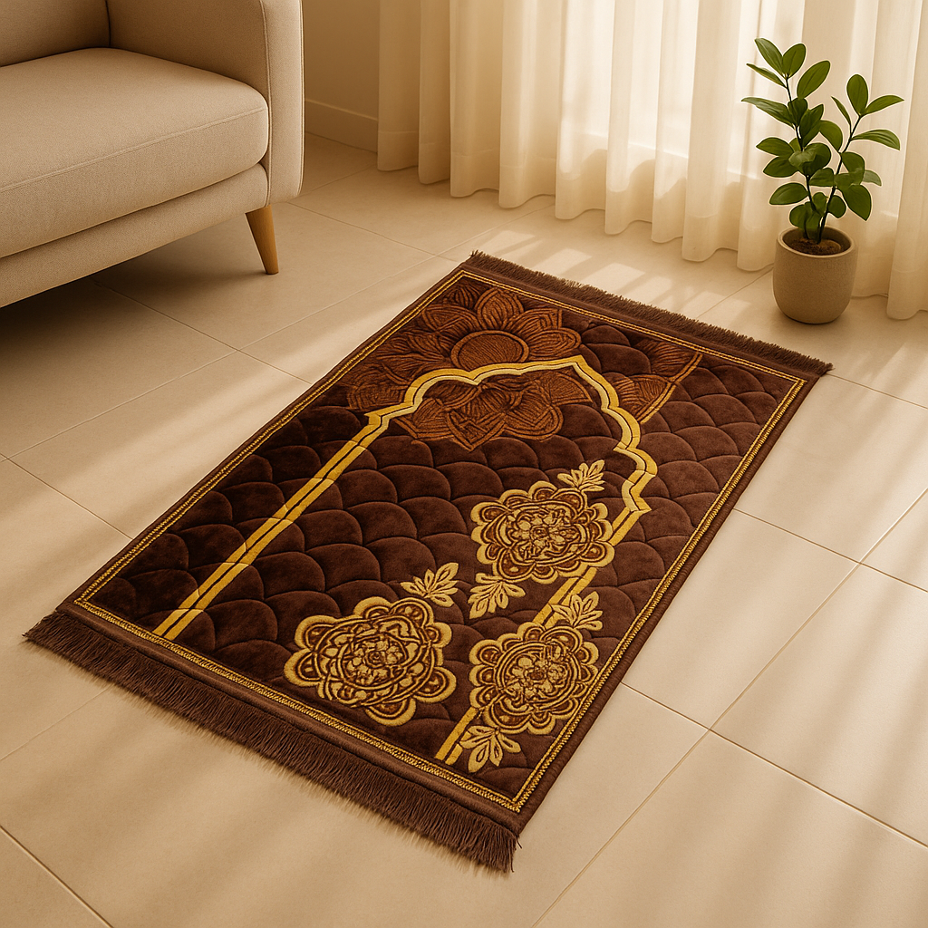 Luxury Brown Velvet Prayer Mat – Soft Jā-e-Namaz with Floral Arch Design