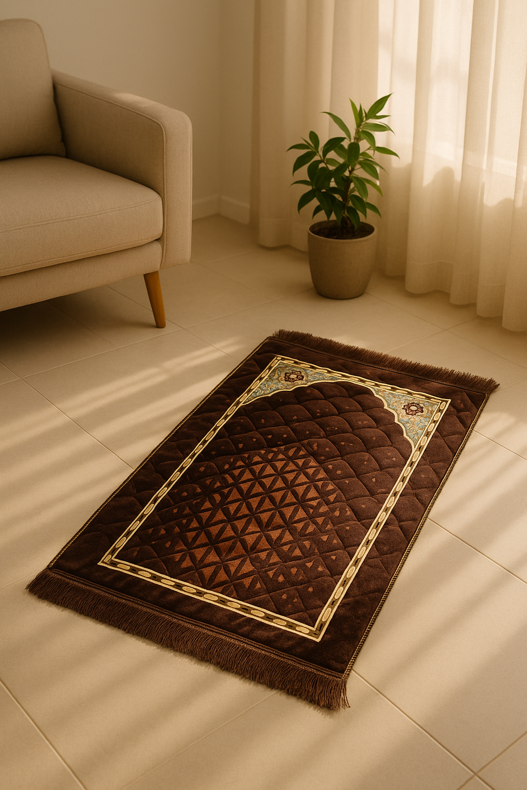 Luxury Brown Velvet Prayer Mat – Soft Jā-e-Namaz with Geometric Arch Design