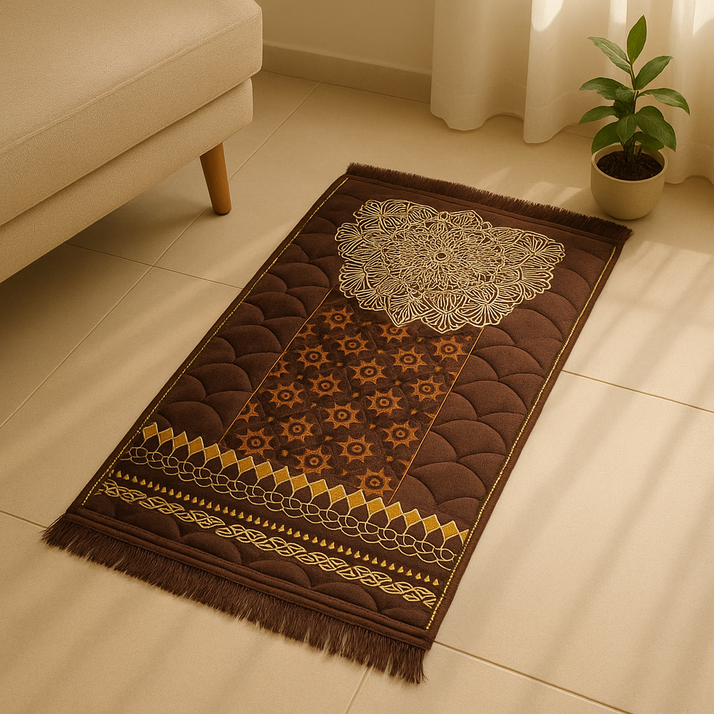 Luxury Brown Velvet Prayer Mat – Soft Jā-e-Namaz with Geometric Floral Design