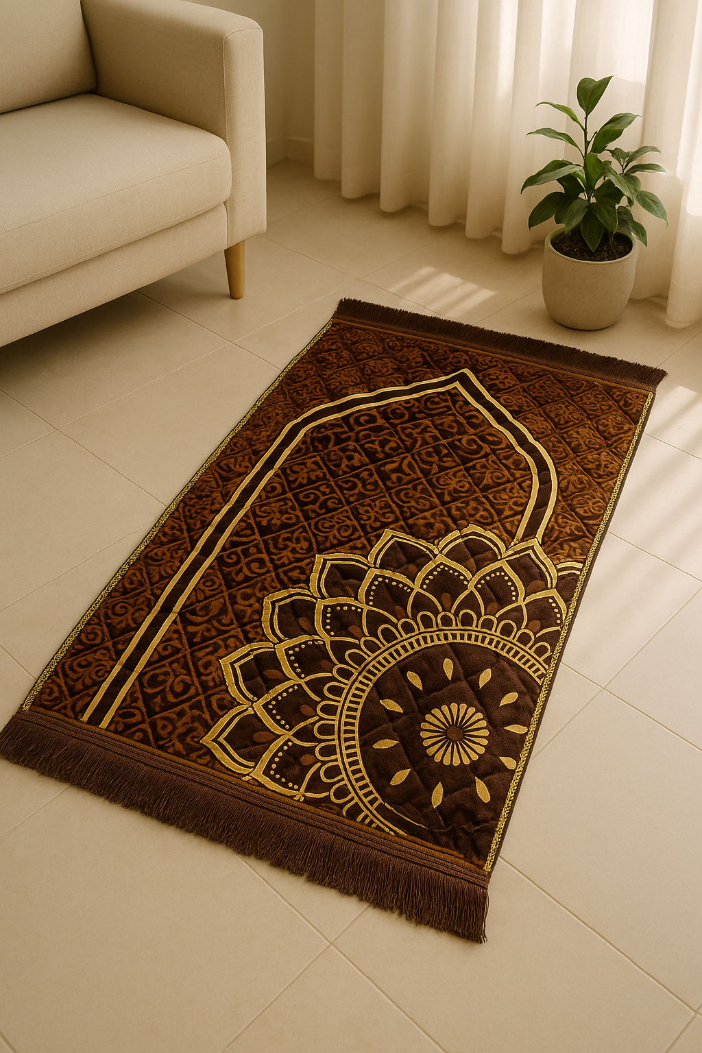 Luxury Brown Velvet Prayer Mat – Soft Jā-e-Namaz with Mandala Arch Design