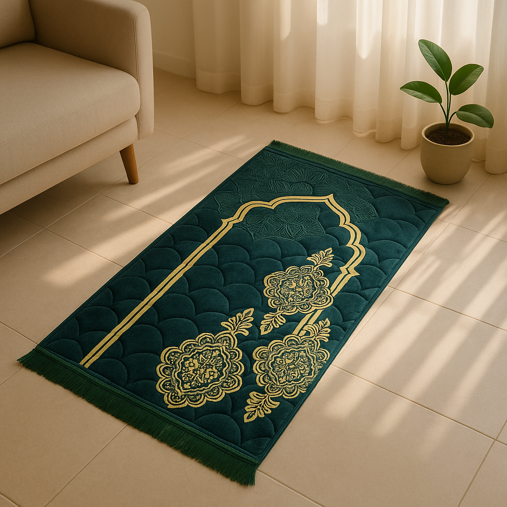Luxury Green Velvet Prayer Mat – Soft Jā-e-Namaz with Floral Arch Design