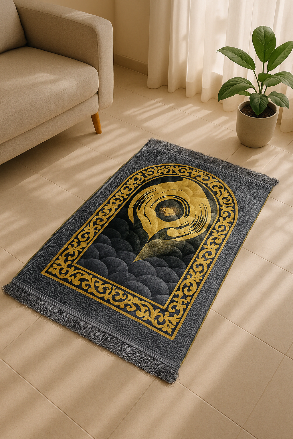 Luxury Grey Velvet Prayer Mat – Soft Jā-e-Namaz with Golden Arch Design